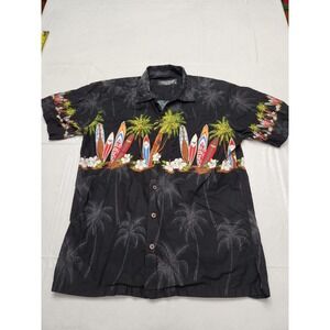Favant Hawaiian Shirt Mens Medium Black Surfer Palm Tree Floral Aloha Surfboards